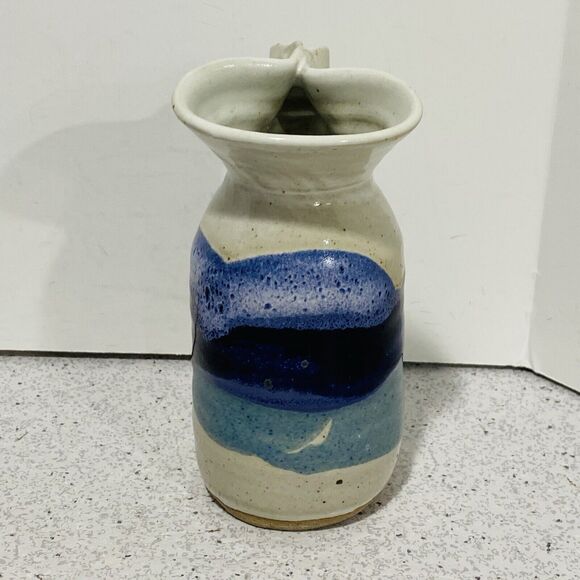 Vintage OOAK handcrafted signed stoneware sake bottle studio pottery gray blue - Picture 3 of 8